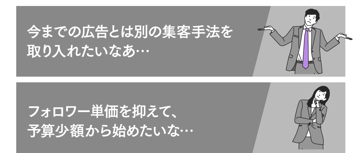 今までの広告とは別の手法を取り入れたいなぁ。フォロワー単価を抑えて、予算少額から始めたいな。